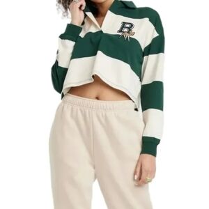 Disney Bambi Long-Sleeved Crop Top Green & Cream Striped Junior's Shirt XL Polo